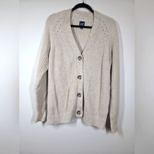 Vintage Gap Boyfriend Grandpa Cardigan Womens Beige 100% Cotton sz L 90s Grunge